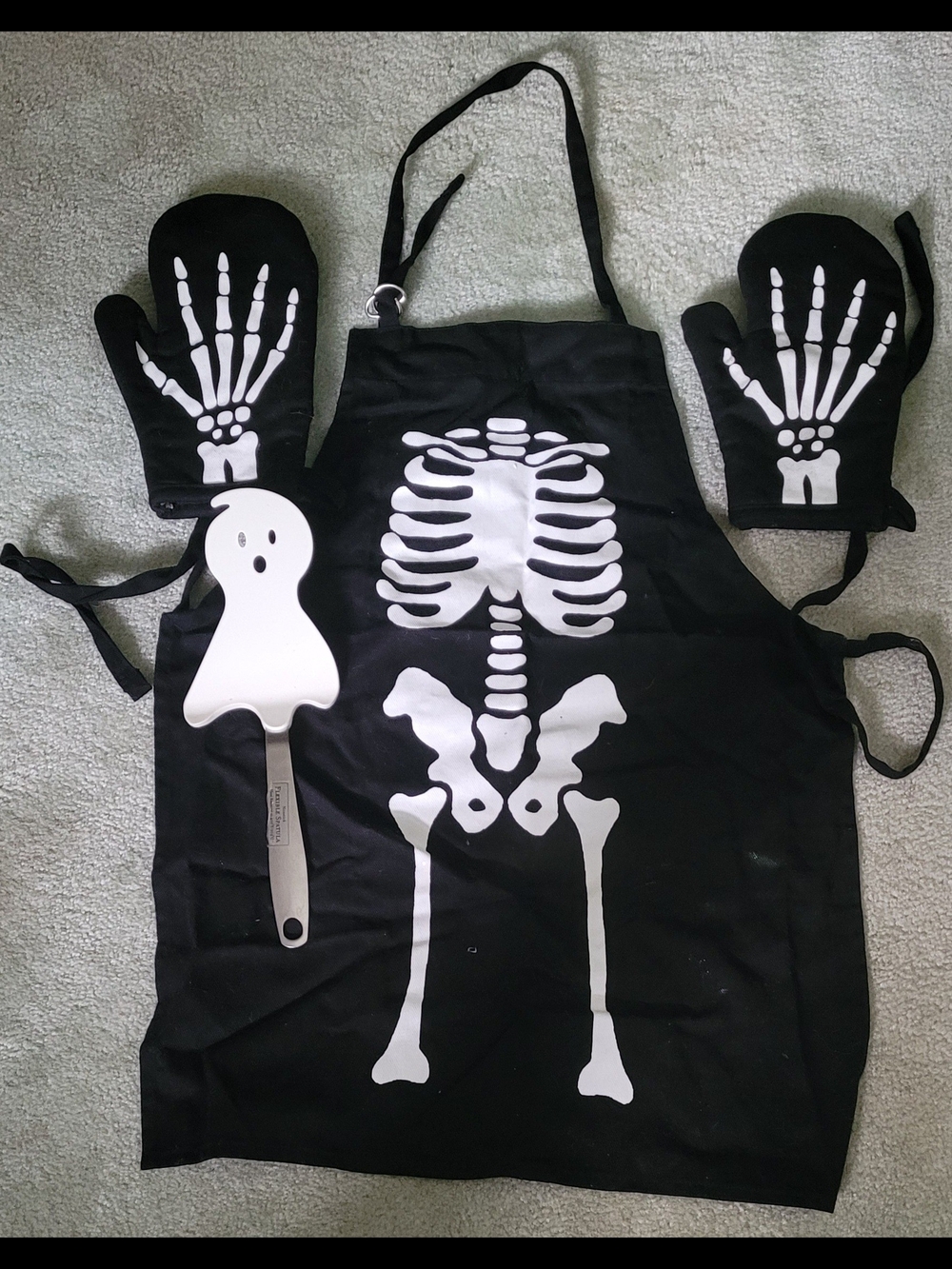 Kids Black Skeleton Apron. Oven Mitts and Ghost Spatula
